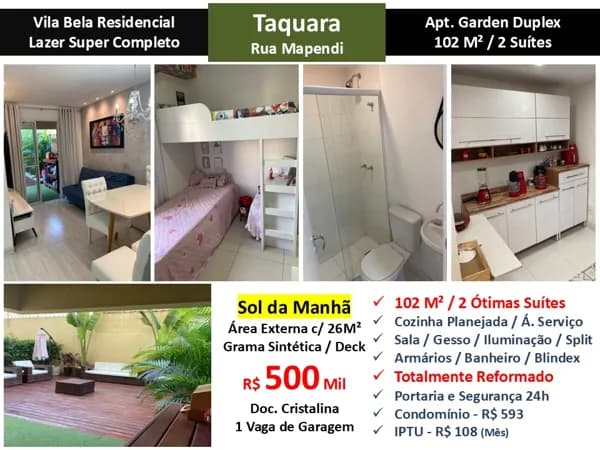 Apto JPA Taquara Mapendi Vila Bela 102M² Garden