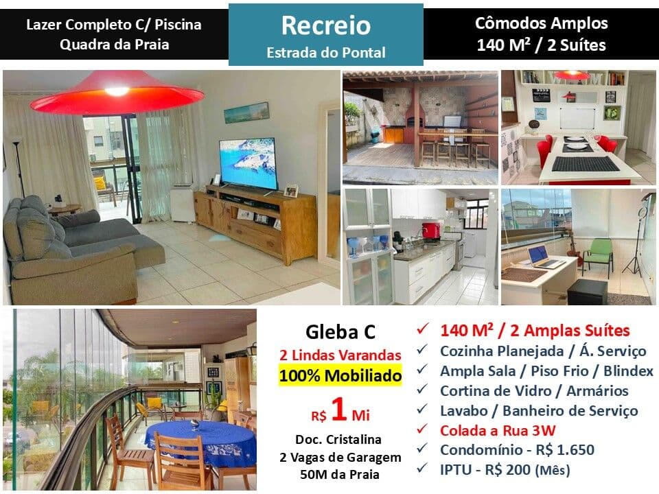 Apto Recreio Praia Estrada do Pontal 140M²