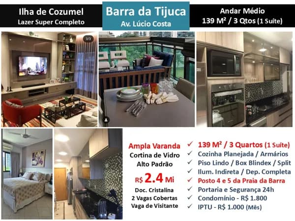 Apto Barra da Tijuca Praia Ilha de Cozumel 139M²