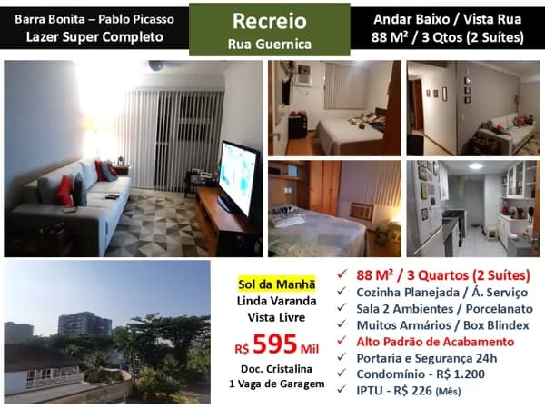 Apto Recreio Barra Bonita Pablo Picasso 88M²