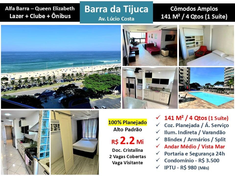 Apto Barra da Tijuca Praia Alfabarra Queen Elizabeth 141M²