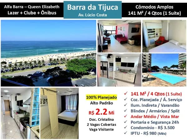 Apto Barra da Tijuca Praia Alfabarra Queen Elizabeth 141M²