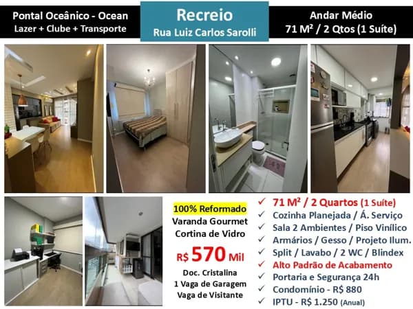 Apto Recreio Pontal Ocean 71M²
