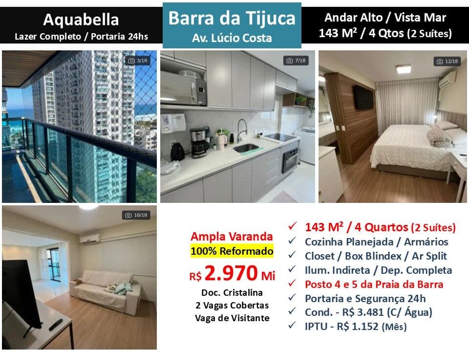 Apto Barra da Tijuca Praia Aquabella 143M²
