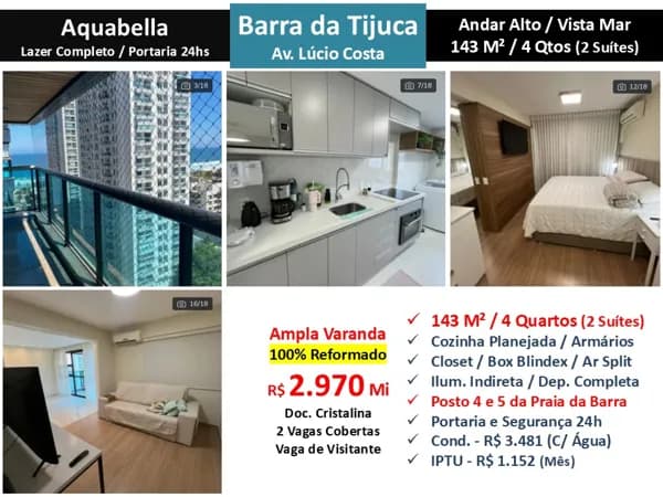 Apto Barra da Tijuca Praia Aquabella 143M²