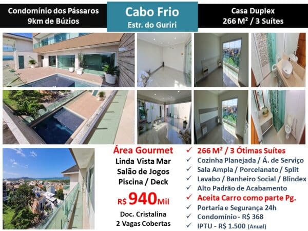 Casa Cabo Frio Condomínio dos Pássaros 266M²