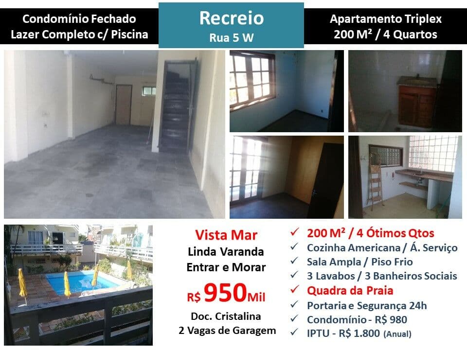 Apto Recreio Praia 5w 200M²