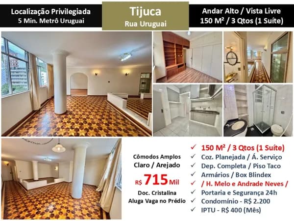 Apto Tijuca Rua Uruguai 150M²