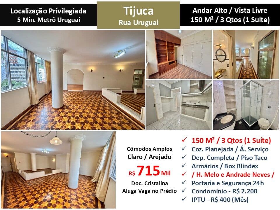 Apto Tijuca Rua Uruguai 150M²