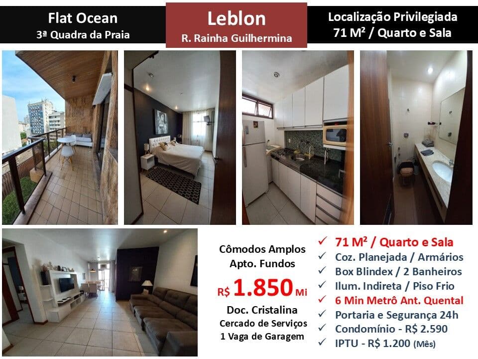 Apto Leblon Rainha Guilhermina Flat Ocean 71M²