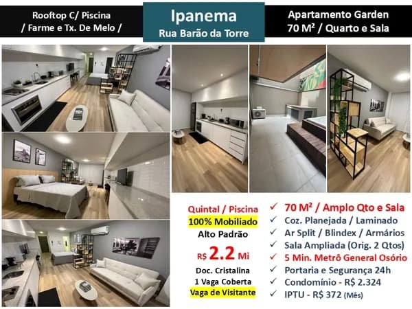 Apto Ipanema Barão da Torre 70M² Garden