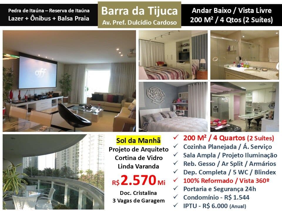 Apto Barra da Tijuca Pedra de Itaúna Reserva de Itaúna 200M²