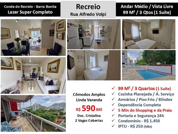 Apto Recreio Barra Bonita Conde do Recreio 99M²