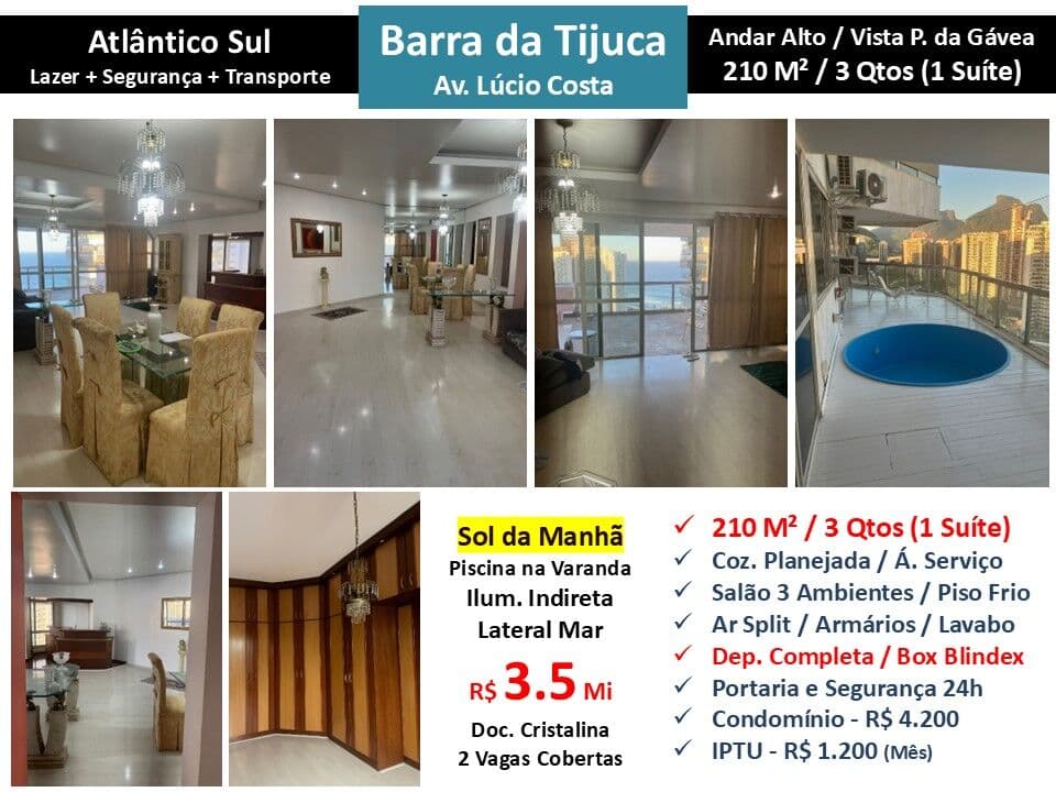 Apto Barra da Tijuca Praia Atlântico Sul 210M²