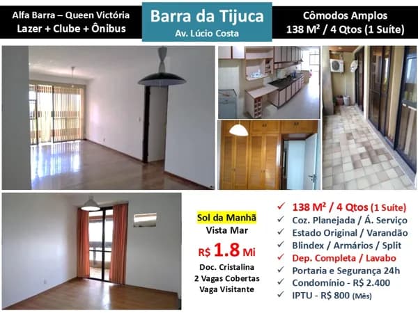 Apto Barra da Tijuca Praia Alfabarra Queen Victória 138M²