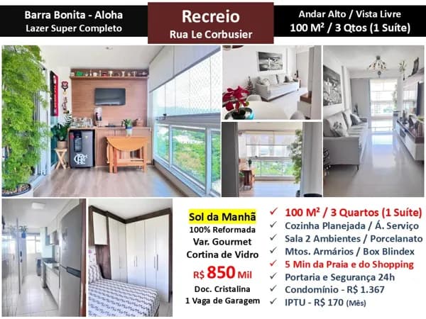 Apto Recreio Barra Bonita Aloha 100M²