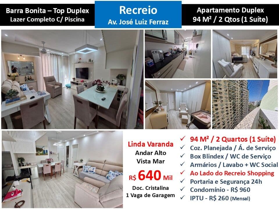 Apto Recreio Barra Bonita Top Duplex 94M²