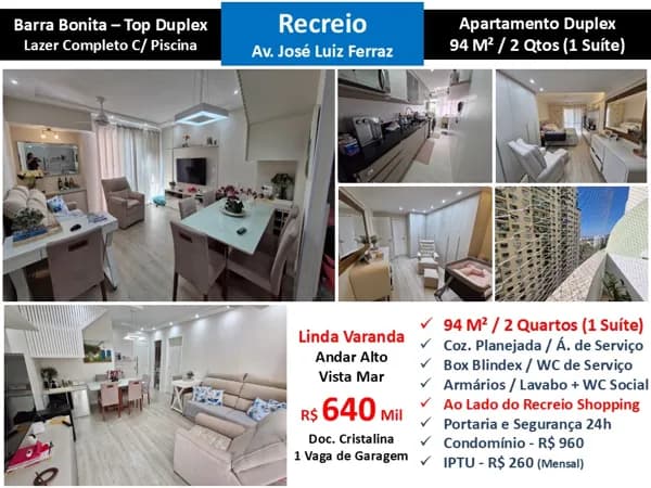 Apto Recreio Barra Bonita Top Duplex 94M²
