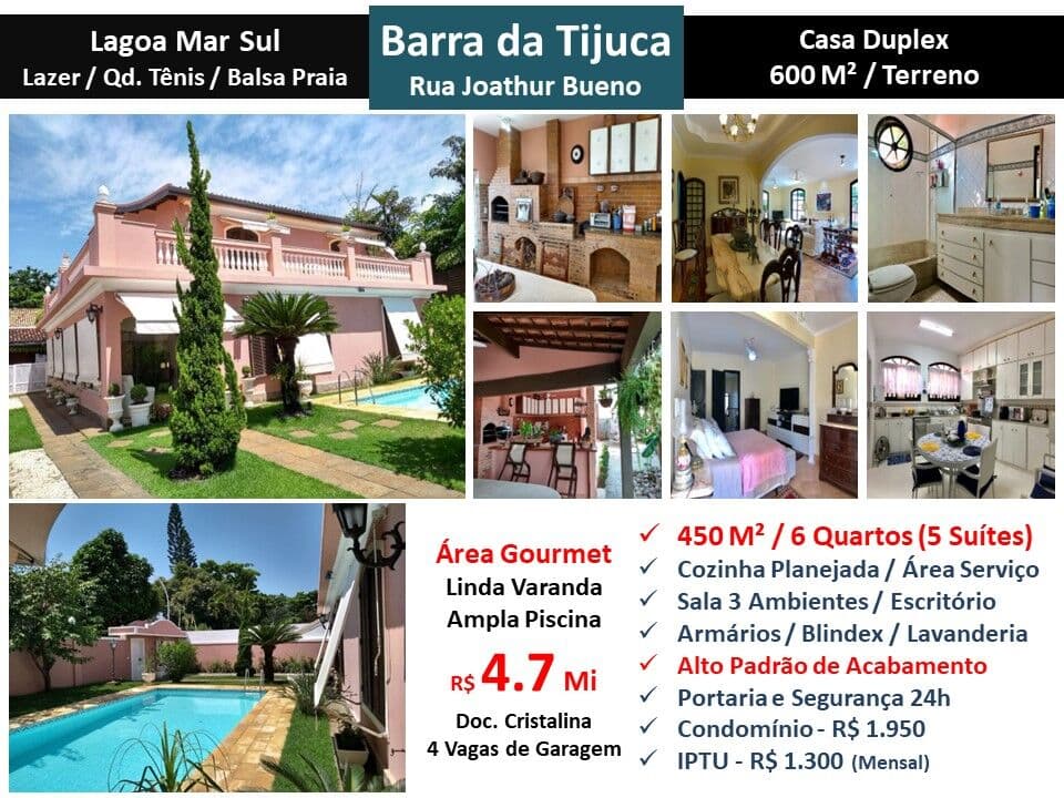 Casa Barra da Tijuca Lagoa Mar Sul 450M²