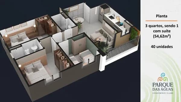 PARQUE DAS ÁGUAS Apartamentos de 2 e 3 quartos com Suítes, sendo 42,90 M² e 54,62 212