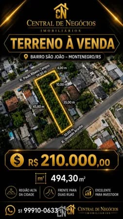 Terreno no Bairro São João com 2 frentes, Montenegro/RS