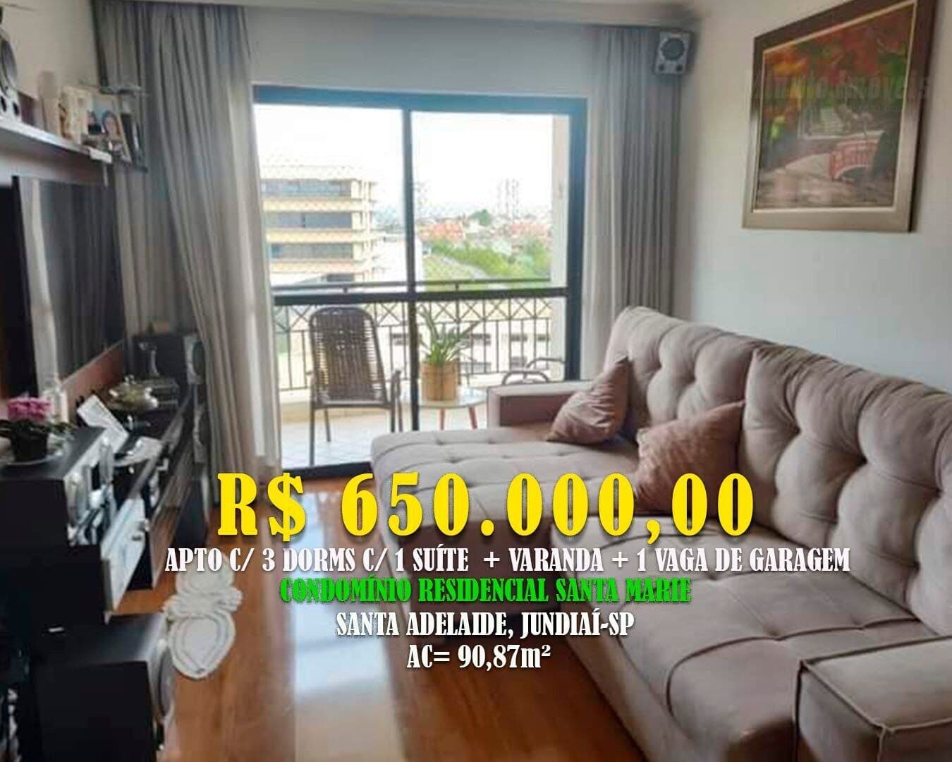 Apto 90,87 m² c/ 3 Dorms c/ 1 Suite. Loc: Resid. Saint Marie, Jd. Santa Adelaide, Jundiaí-SP