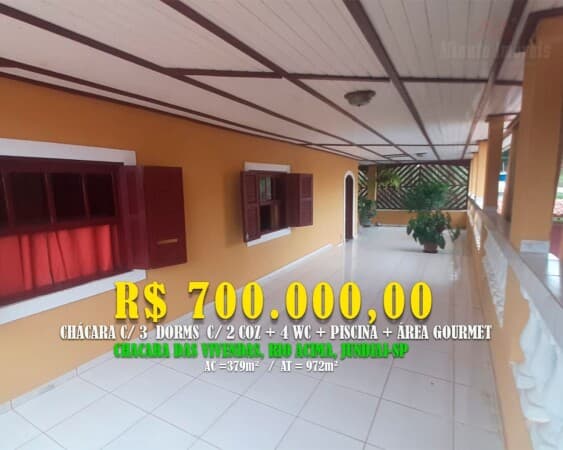 Chacara 379m² c/ 3 Dorms c/ 4 WC + Área Gourmet + Piscina. Loc: Chácara das Vivendas, Rio Acima, JundiaÍ-SP