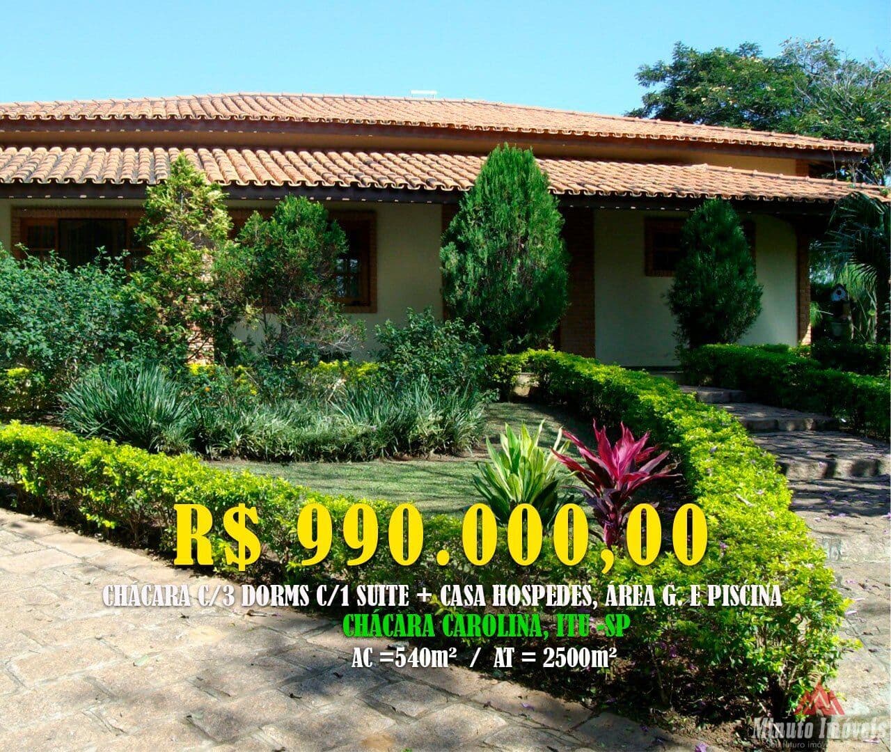 Chácara à Venda em Itu – 2.500m² de Puro Conforto e Lazer Endereço: Chácaras Carolina, Itu/SP Valor: R$ 990.000,00