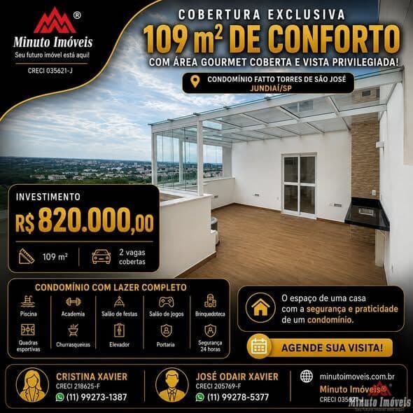 Cobertura de 109m² c/ 2 Dorms c/ 1 Suíte + Área Gourmet Coberta + 2 Vagas Coberta.-Condomínio Fatto, Torre de São José, Jundiaí-SP
