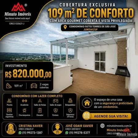 Cobertura de 109m² c/ 2 Dorms c/ 1 Suíte + Área Gourmet Coberta + 2 Vagas Coberta.-Condomínio Fatto, Torre de São José, Jundiaí-SP