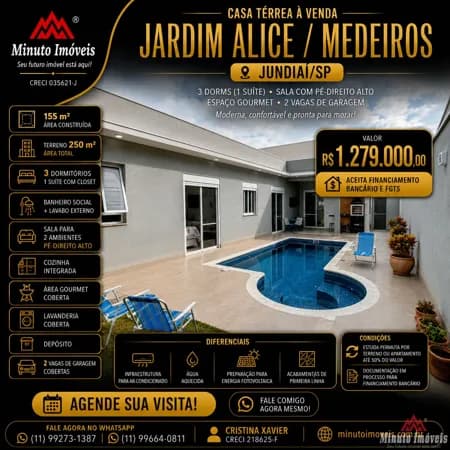 Casa Térrea c/3 Dorms c/ 1 Suite, Closet, Área Gourmet e Piscina. Loc: Jardim Alice / Medeiros, Jundiaí -SP