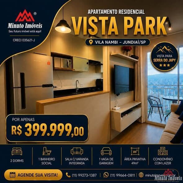 Apartamento à Venda no Condomínio Vista Park Vila Nambi – Jundiaí/SP R$ 399.999.00. 49 m² | Último andar