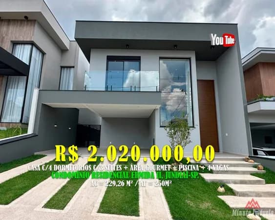 Casa Alto PadrãoCASA COM 4 DORMITORIOS COM 3 SUITES, AREA GOURMET E PISCNA Loc: Conodminio Residencial Ermida 2 , Jd Ermida, Jundiaí-SP