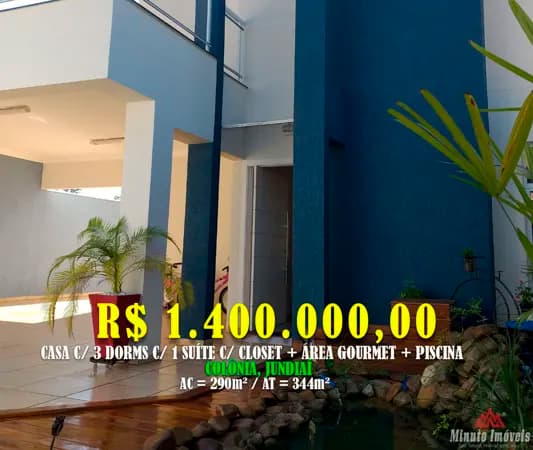 Linda Casa 290m² c/ 3 Dorms c/ 1 Suite Master, Closet e Hidro + Área Gourmet + Piscina Loc: Colonia, Jundiai-SP