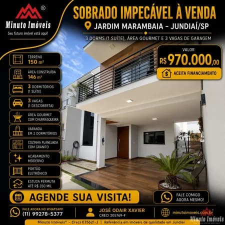 SOBRADO IMPECÁVEL À VENDA – JARDIM MARAMBAIA | JUNDIAÍ/SP Localização tranquila, moderna e com fácil acesso