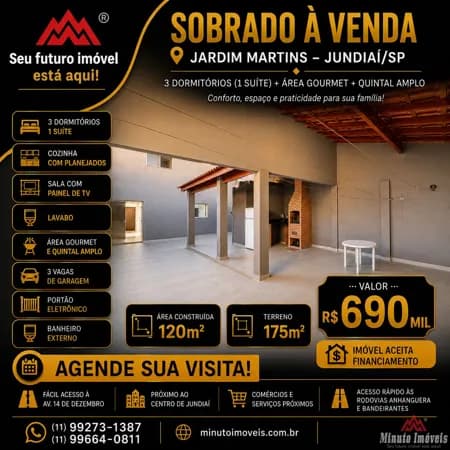 Sobrado c/ 3 Dormitórios (1 Suíte) + Área Gourmet Jardim Martins – Jundiaí/SP