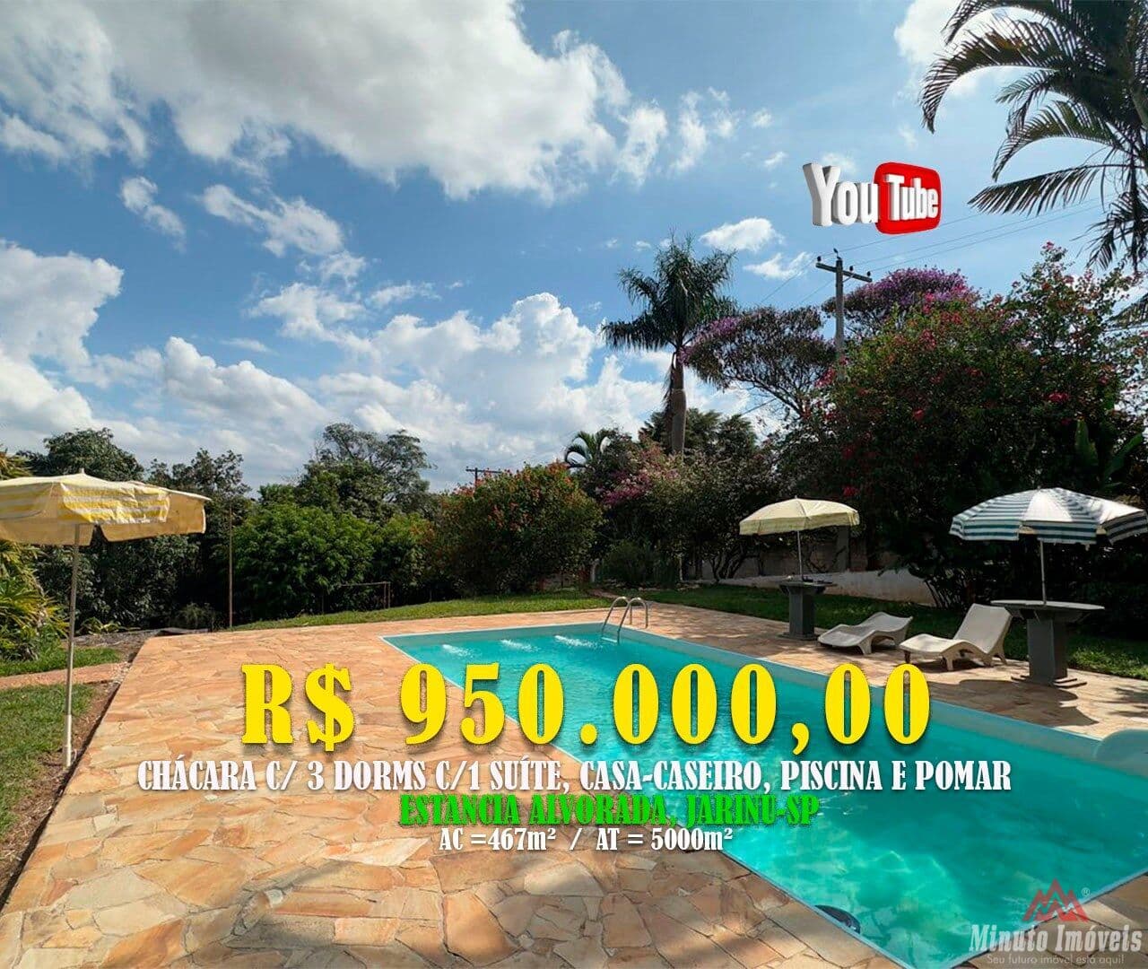 Chácara c/ 3 Dorms c/ 1 Suíte, Campo de Futebol, Casa - Caseiro, Piscina e Pomar Loc: Estancia Alvorada, Jarinu -SP Valor = R$ 950.000,00