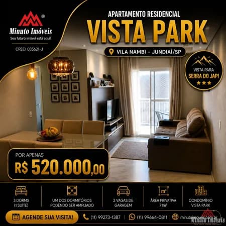 Apartamento à venda no Condomínio Vista Park – Ponte São João, Jundiaí/SP R$ 520.000,00