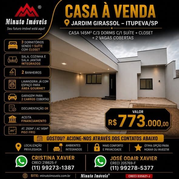 Casa 145m² c/3 Dorms c/1 suíte + Closet + 2 vagas cobertas Loc: Jardim Girassol, Itupeva/SP Valor = R$ 773.000,00