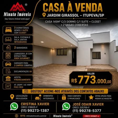 Casa 145m² c/3 Dorms c/1 suíte + Closet + 2 vagas cobertas Loc: Jardim Girassol, Itupeva/SP Valor = R$ 773.000,00