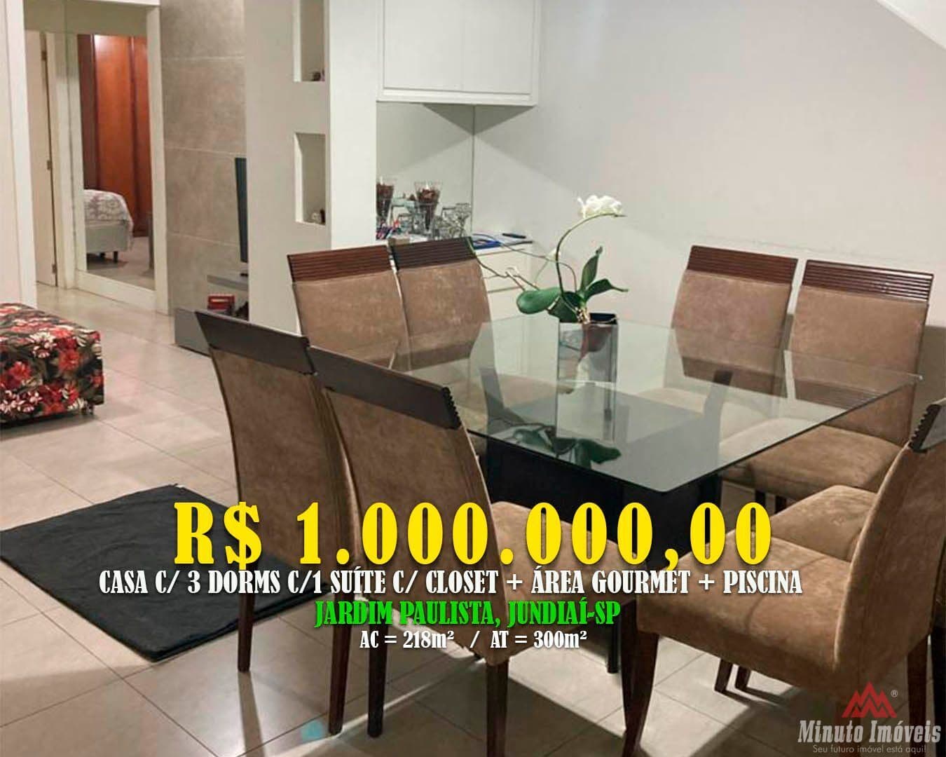 Casa 218m² c/ 3 Dorms c / 1 Suíte + Piscina + 2 Vagas Loc: Jardim Paulista, Jundiaí-SP