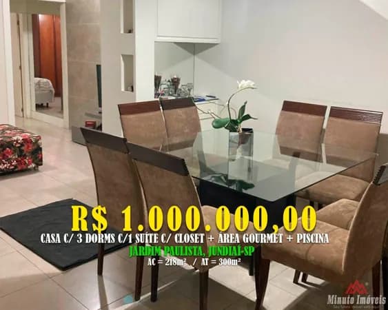 Casa 218m² c/ 3 Dorms c / 1 Suíte + Piscina + 2 Vagas Loc: Jardim Paulista, Jundiaí-SP