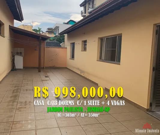 Sobrado c/ 3 Dorms c/ 1 Suite + 2 Vagas. Loc: Jardim Paulista, Jundiaí-SP