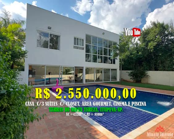 Casa de alto padrão à venda no Condomínio Terras de Santa Teresa em Itupeva/SP Venda: R$ 2.550.000,00 AT= 810m² | AC = 433m²