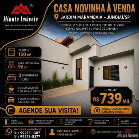 Casa Novinha à Venda – Jardim Marambaia, Jundiaí/SP Valor: R$ 739.000,00 📐 Terreno: 150m² Área construída: 96m²