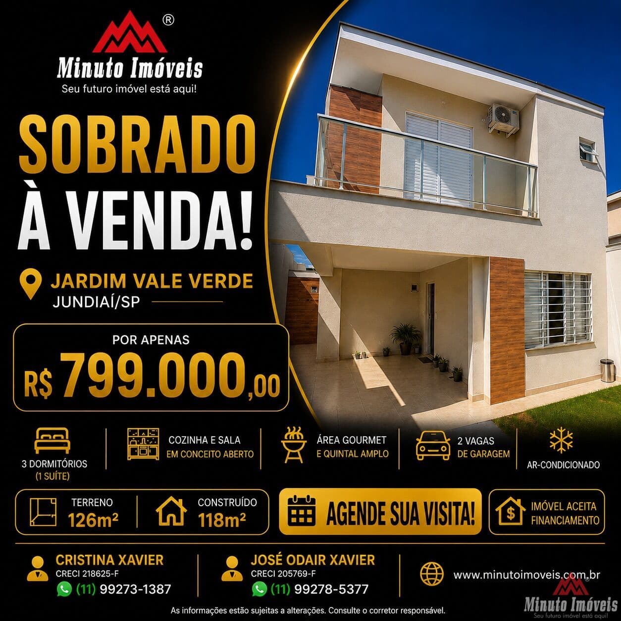 Sobrado c/ 3 Dorms c /1 Suite, Área Gourmet e 2 Vagas de Garagem. Nova Localização: Jardim Vale Verde – Jundiaí/SP