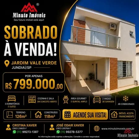 Sobrado c/ 3 Dorms c /1 Suite, Área Gourmet e 2 Vagas de Garagem. Nova Localização: Jardim Vale Verde – Jundiaí/SP