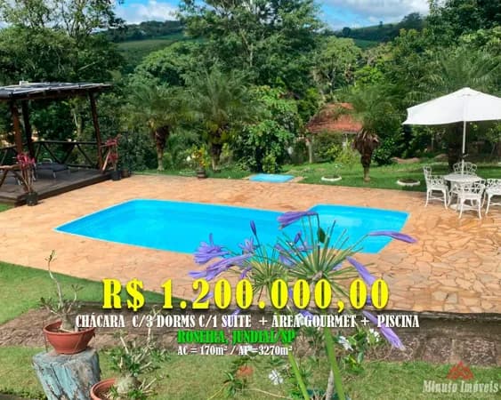 Chácara toda avaranda c/ 3 Dorms c /1 Suite + Área Gourmet + Pisicna. Loc: Roseira, Jundiaí/SP Investimento R$ 1.200.000,00