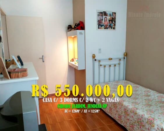 Casa 126m² c/ 3 Dorms c/ 1 Suíte + 2 Vagas, Pq Cidade Jardim II, Jundiaí-SP