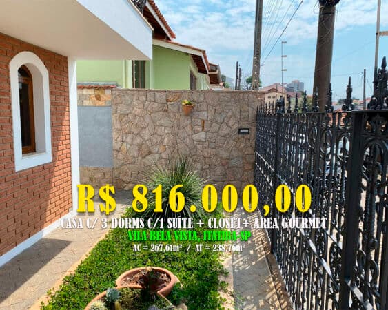 Casa 268,81m² c / 3 Dorms c/1 Suíte + Área Gourmet Loc: Vila Bela Vista, Itatiba/SP